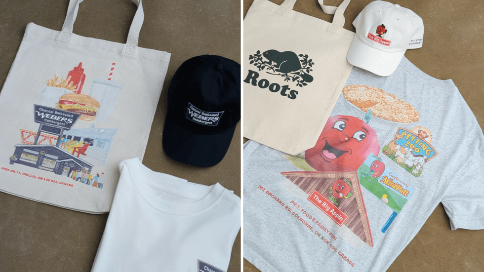Two side-by-side flat lays of a tote bag, cap and folded t-shirt.