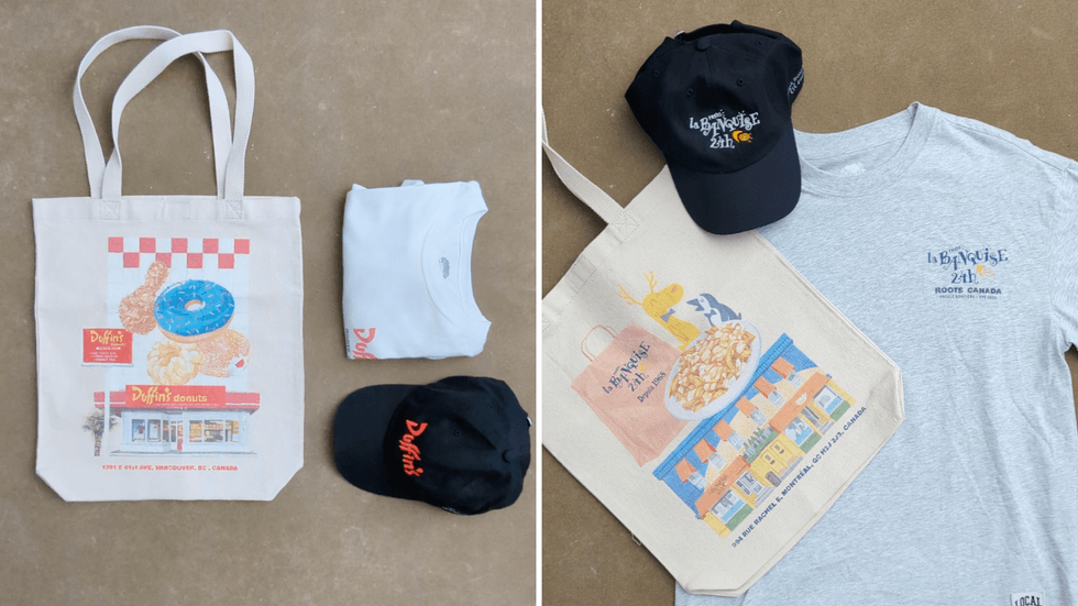 Two side-by-side flat lays of a tote bag, cap and folded t-shirt.