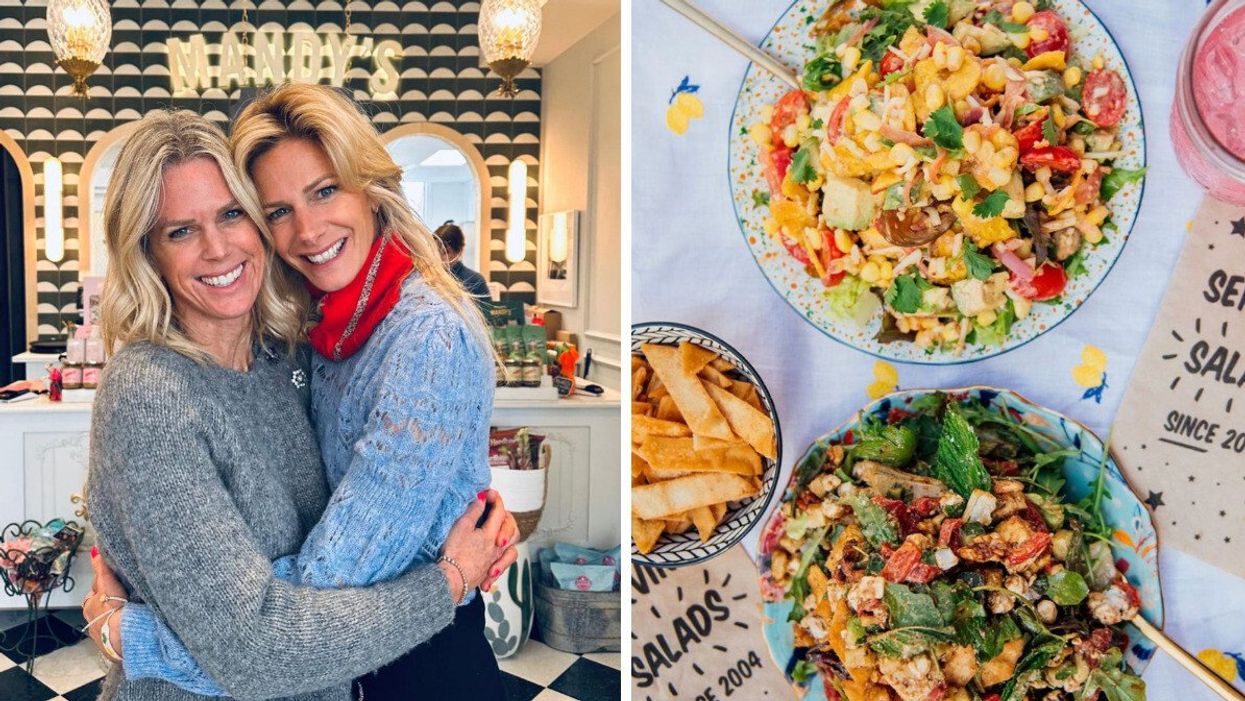 Two sisters hugging at a restaurant. Right: Two salads and pita chips on a table.