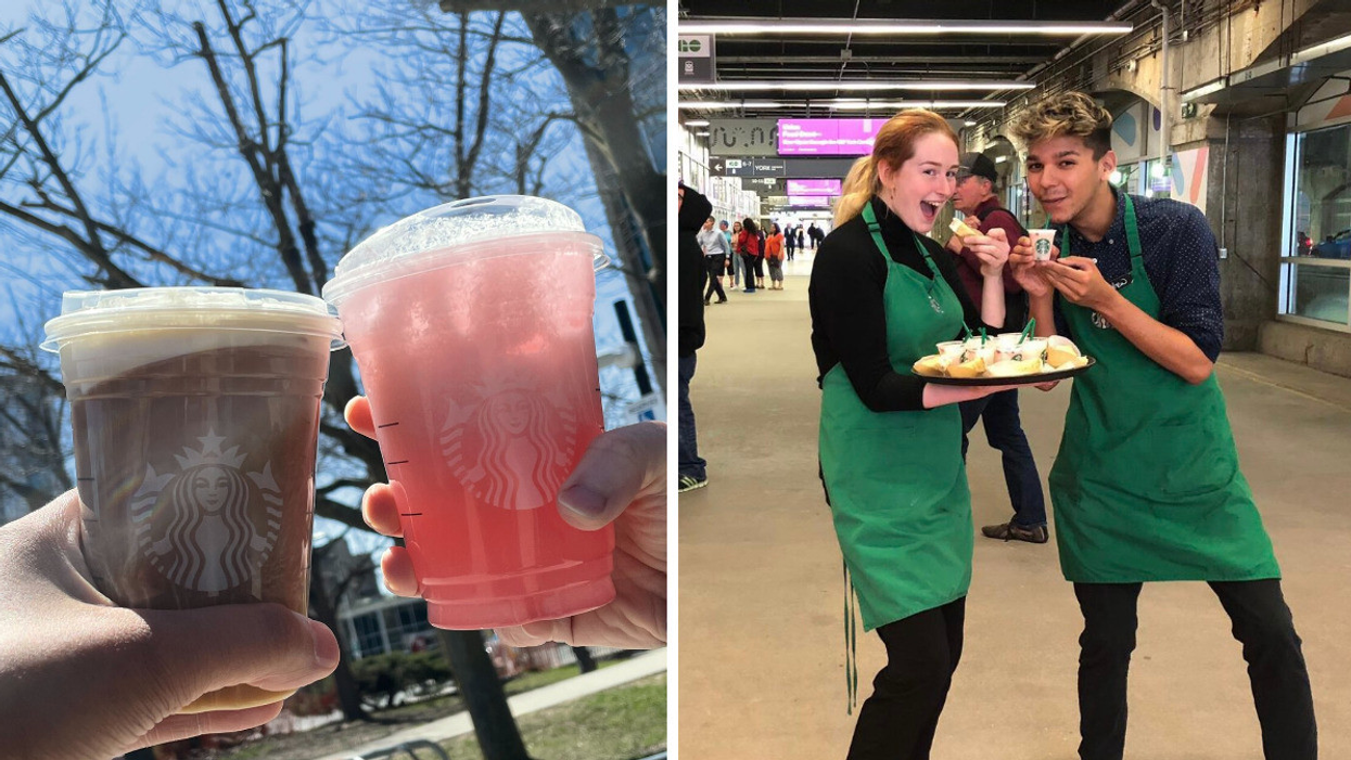 Two Starbucks drinks. Right: Two baristas giving out samples at Union Station.