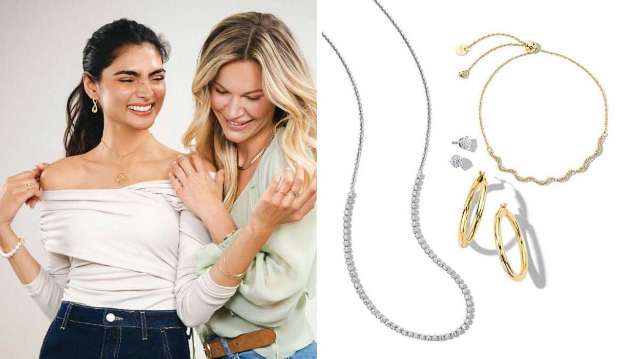 Two stylish women laughing. Right: Two necklaces and two pairs of earrings arranged on a white background.
