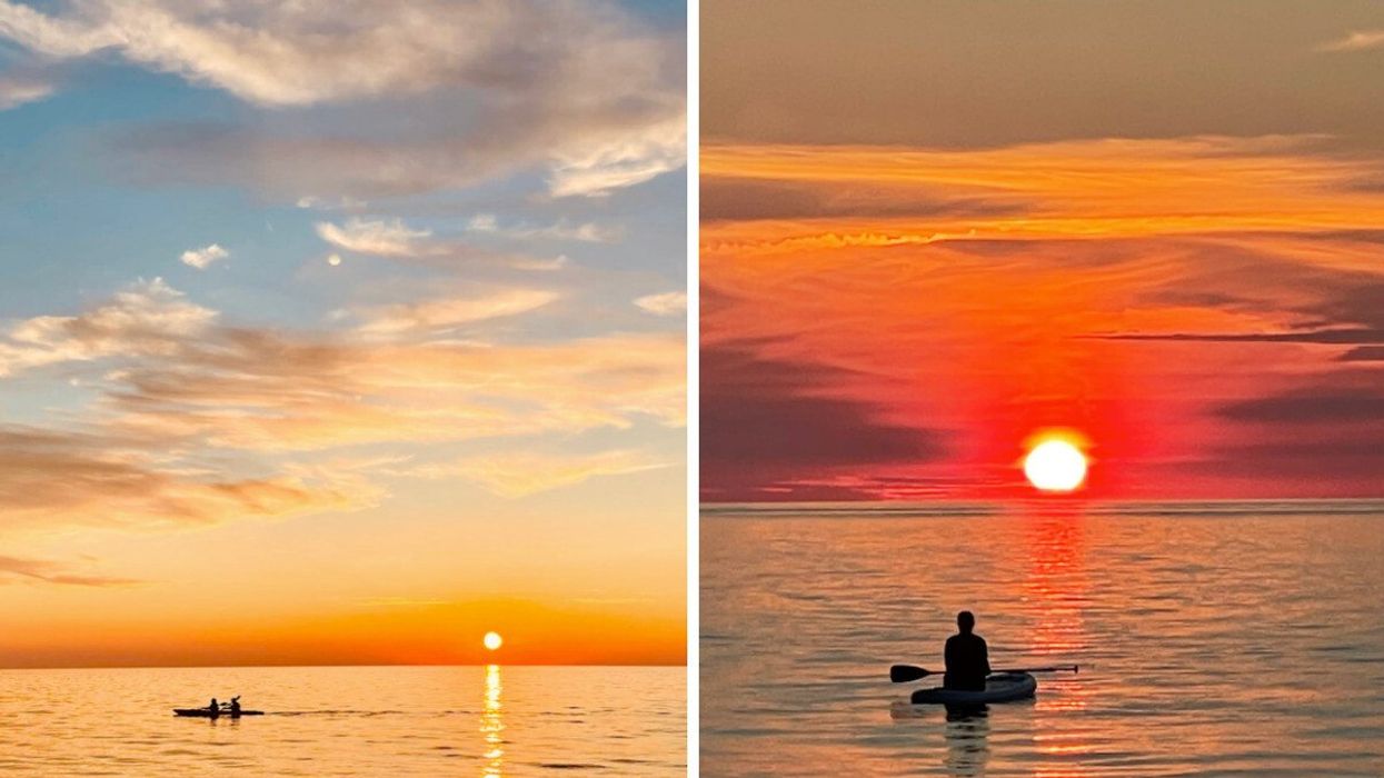 Two sunsets over vast lakes with the silhouettes of boaters in the foreground.