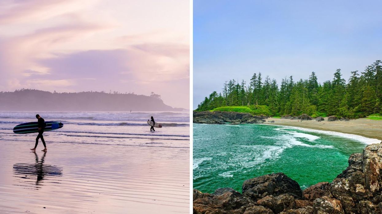 Two surfers in the ocean. Right: A Tofino beach.