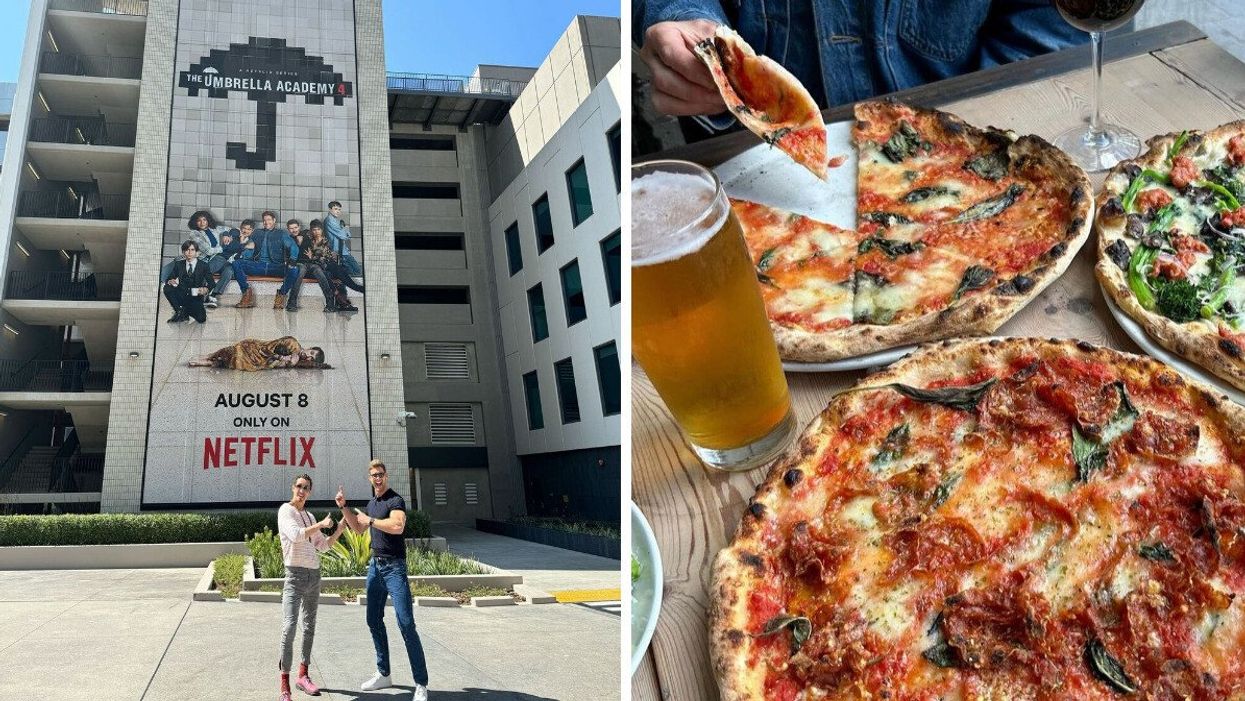 Two television stars pointing at a billboard. Right: Pizza at a restaurant.