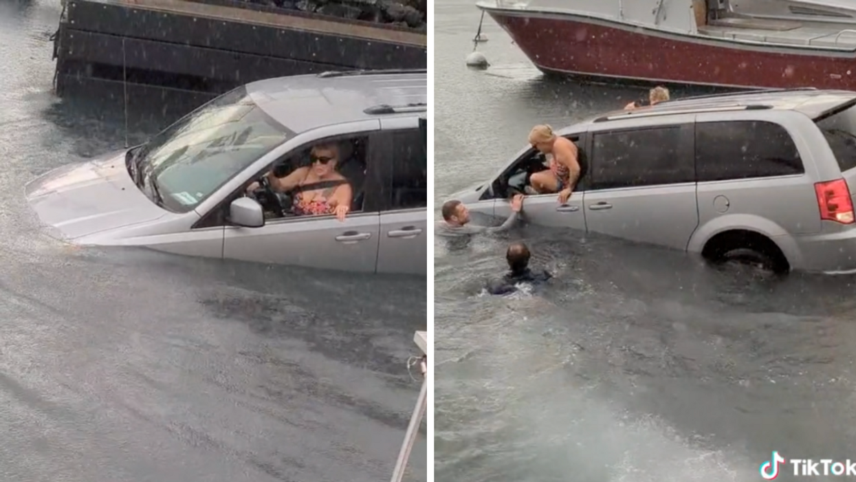 Two tourists in a car driving into a Hawaii harbor. Right: Two tourists climbing out of the car they drove into the Hawaii harbor.