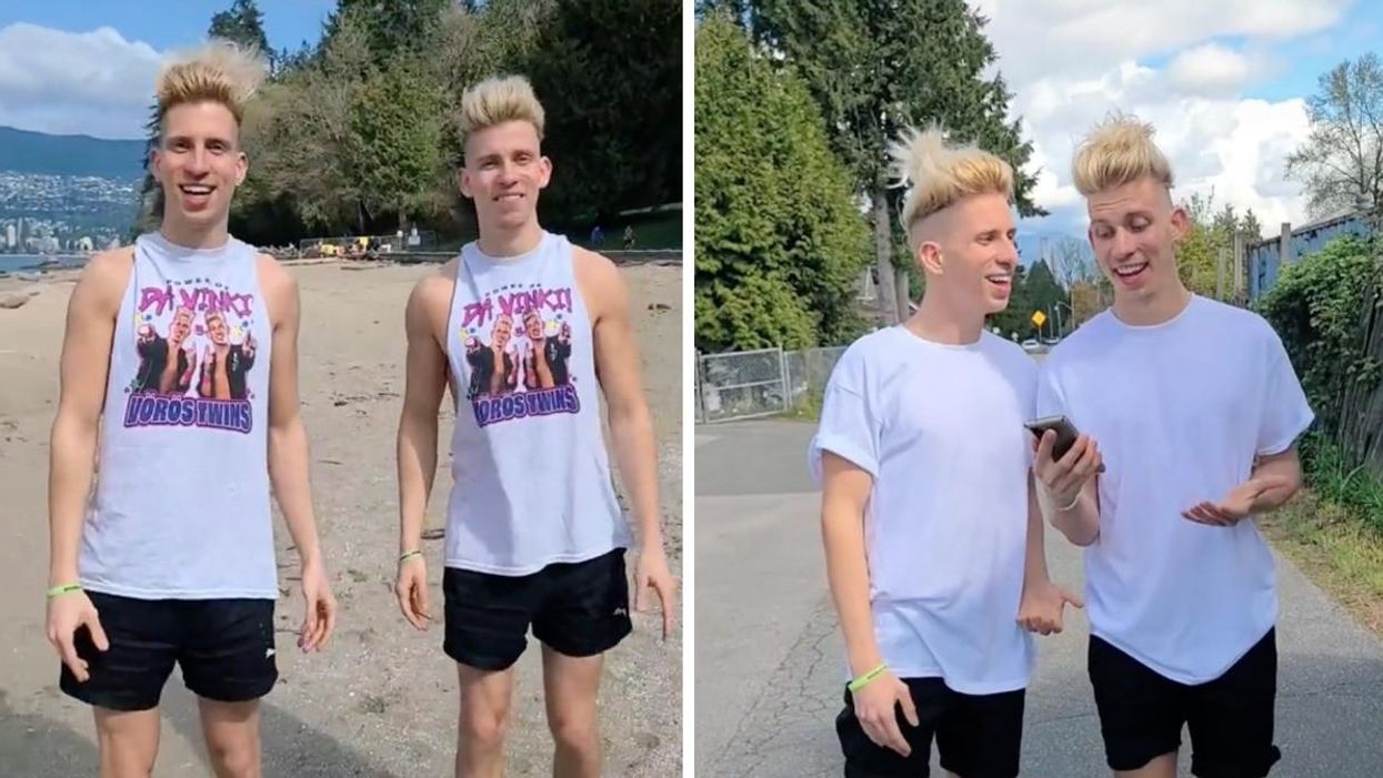 Two twin brothers on a Vancouver beach. Right: Two twin brothers talking to each other.
