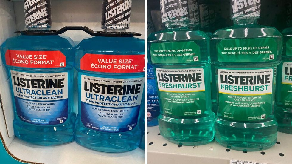 Two value packs of bottles with blue liquid inside that says Listerine on the front. Right: Bottles with green liquid that say Listerine on the front.