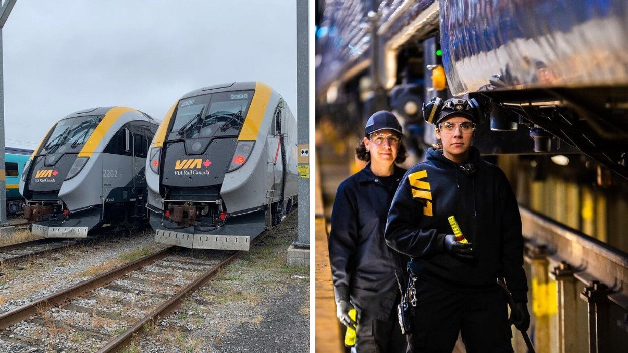 Two Via Rail trains. Right: Via Rail workers.
