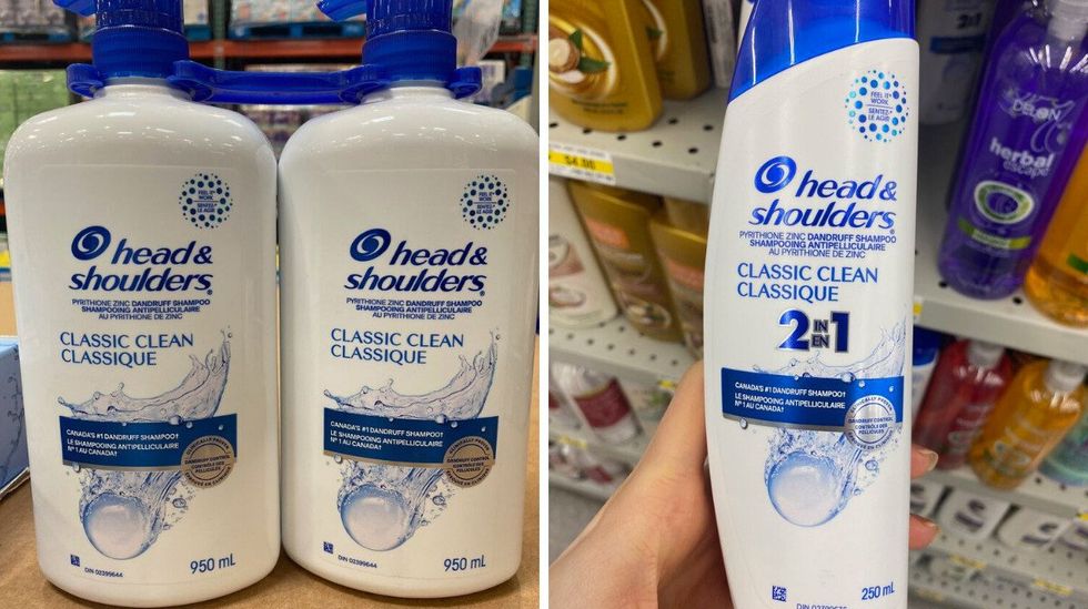 Two white bottles of shampoo with blue writing that say Head & Shoulders Classic Clean. Right: A hand holding a white shampoo bottle with blue writing that says Head & Shoulders Classic Clean 2 in 1.