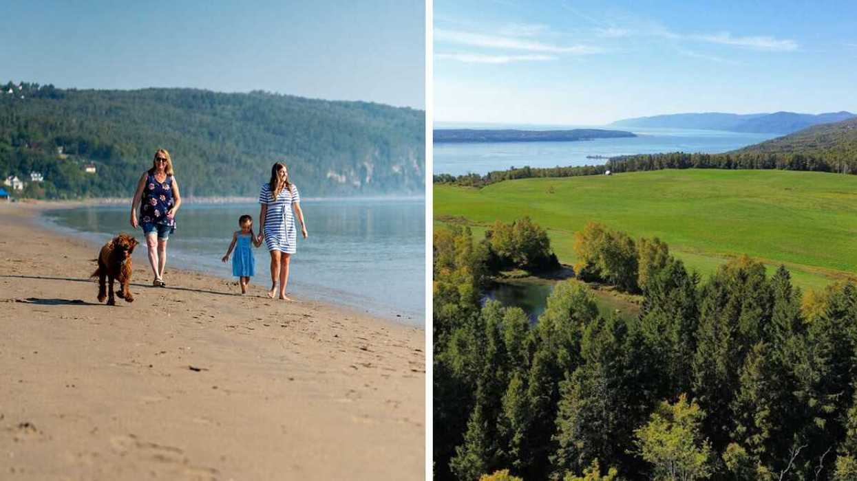Two women, a child and a dog walk along the beach at Saint-Irénée. Right: The St. Lawrence River.