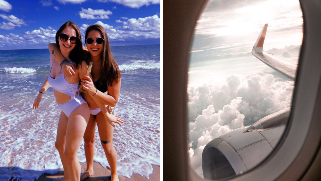 Two women at a beach. Right: The view from the window of an airplane in flight over the clouds.