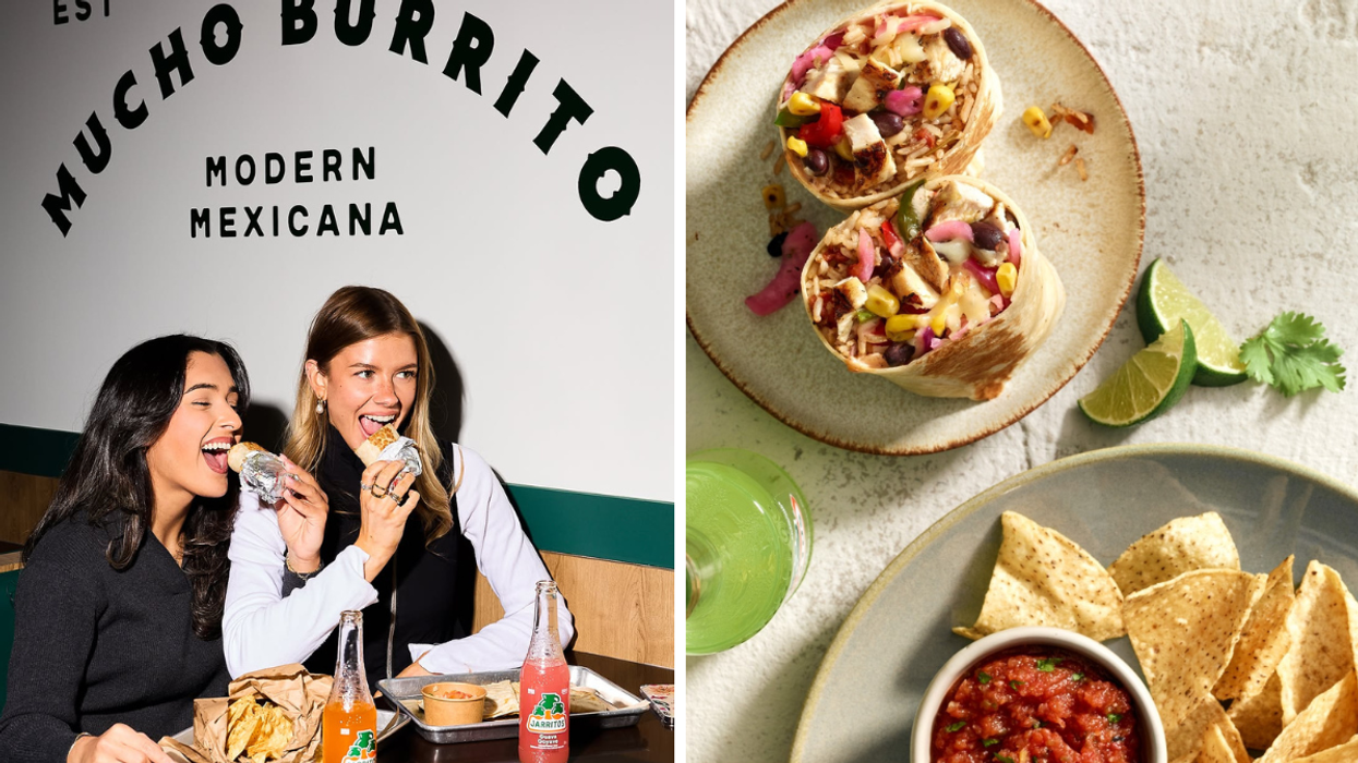 Two women at a table under a sign that reads "Mucho Burrito Modern Mexicana" bite into burritos. Right: A top-down view of a table with a burrito on a plate and chips and salsa.