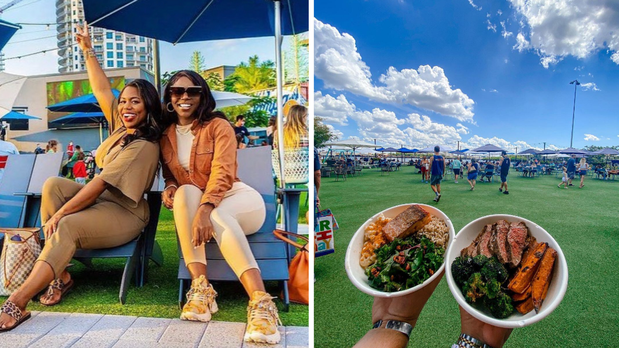 Two women at Sparkman Wharf. Right: The food and garden at Sparkman Wharf.