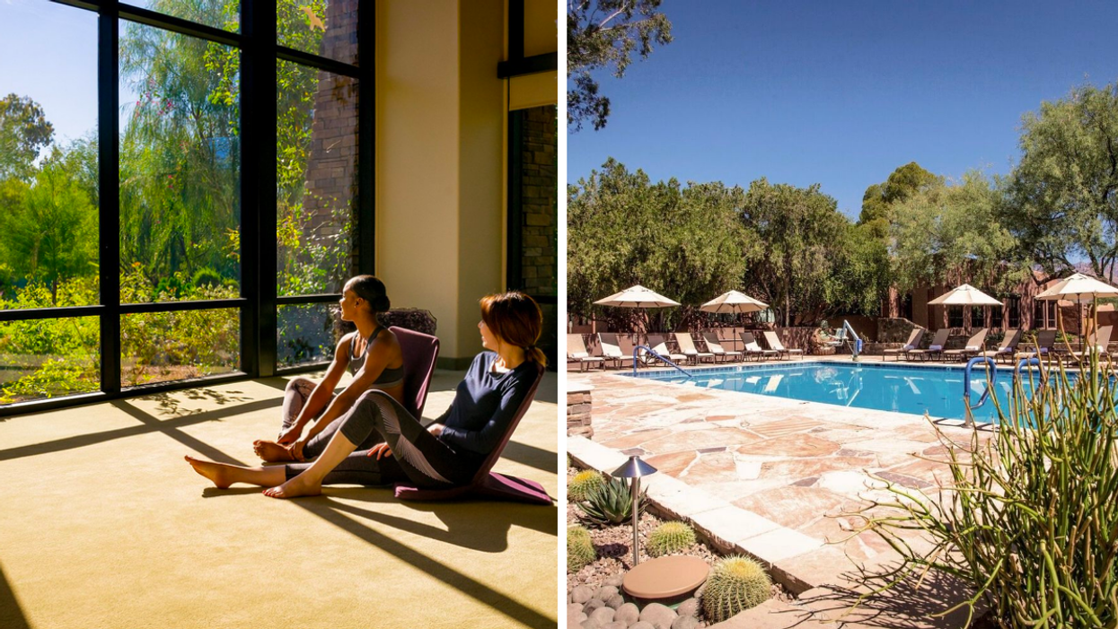 Two women at the Canyon Ranch Tucson resort. Right: The pool area at the Canyon Ranch Tucson resort.