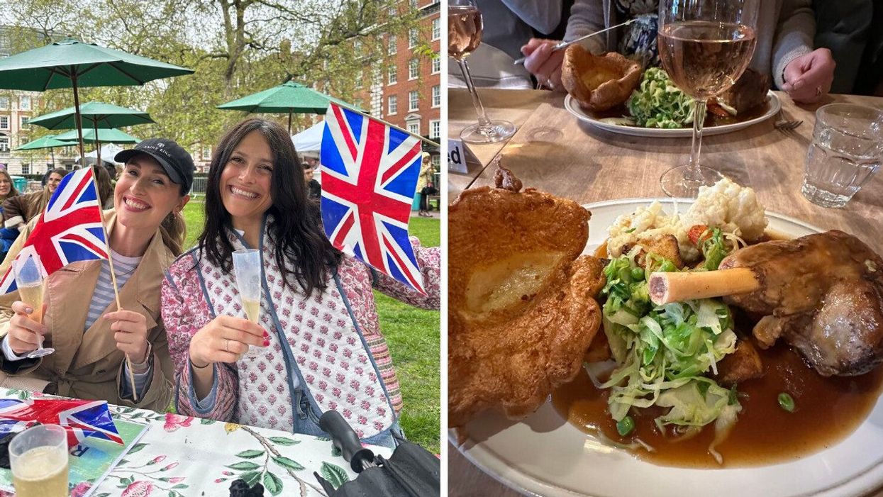 Two women celebrating King Charles' coronation in London. Right: A Sunday roast at a London pub.