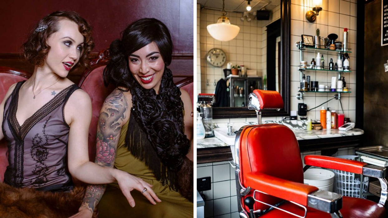 Two women drinking at Betty Lou's Library. Right: A chair at Cannibale Barber Shop.