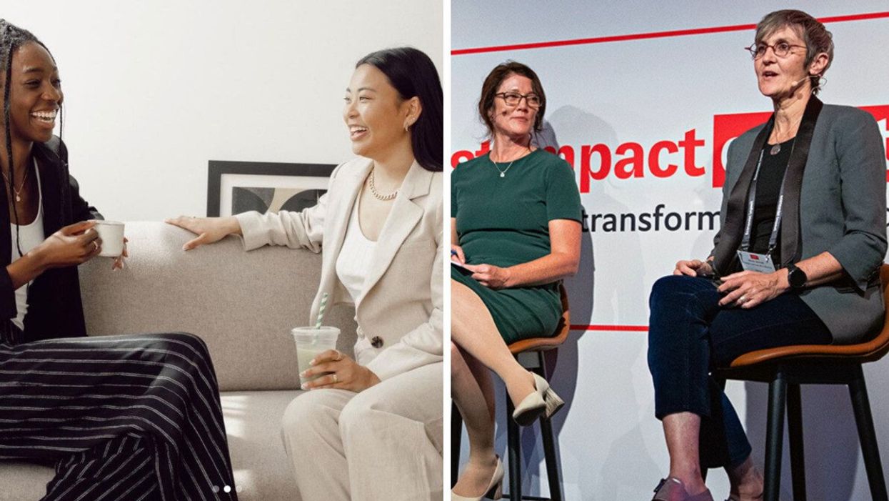 Two women drinking coffee. Right: Two women presenting at a conference.
