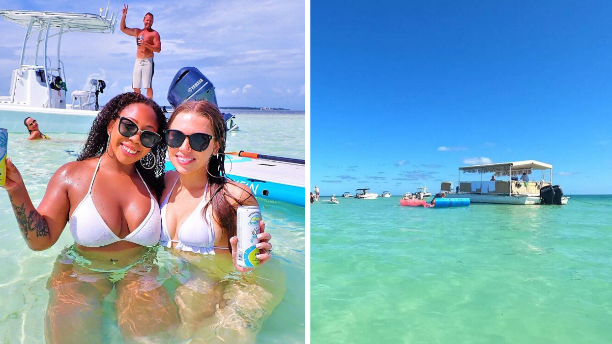 Two women hanging out at the sandbar in Islamorada, FL. Right: The Islamorada sandbar.