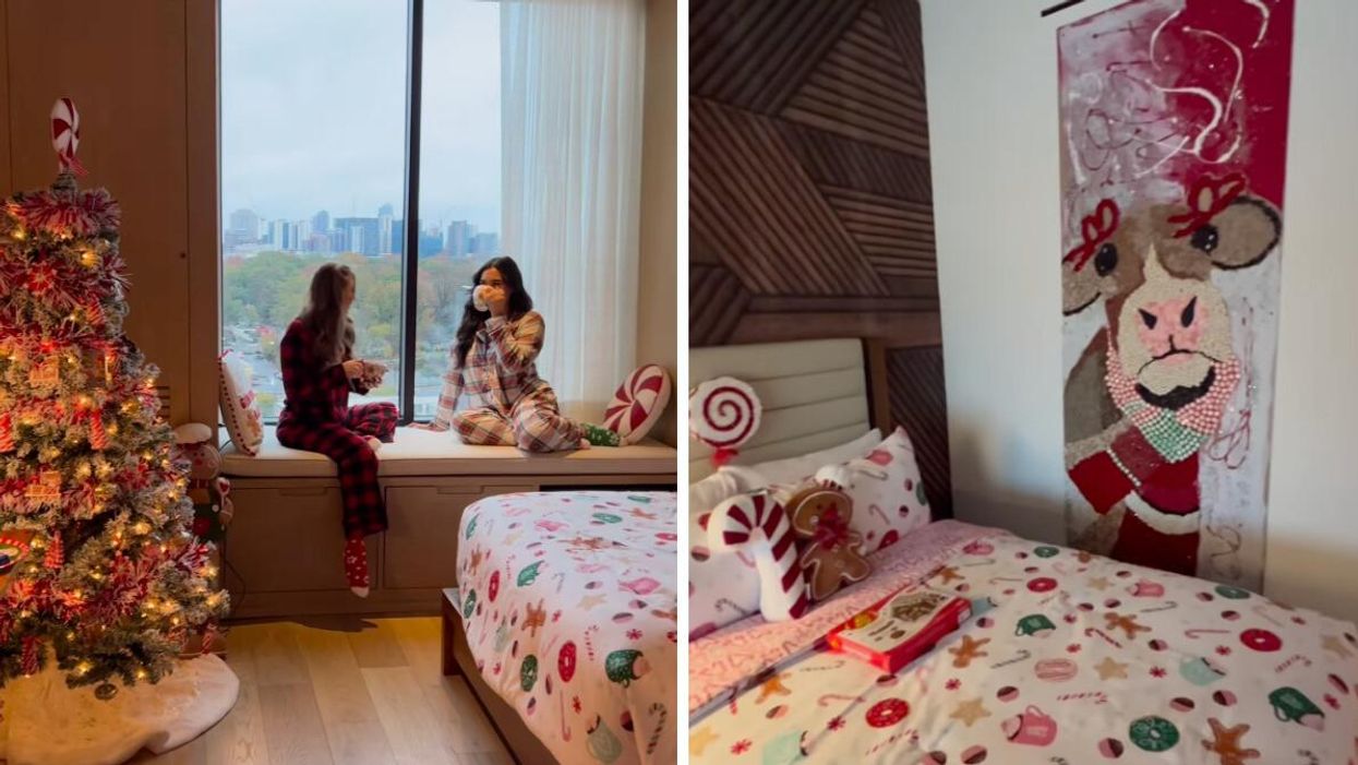 Two women having a conversation and wearing pajamas while on the Sweet Escape Holiday Room in Atlanta. Right: The Sweet Escape Holiday Room in Atlanta, GA.
