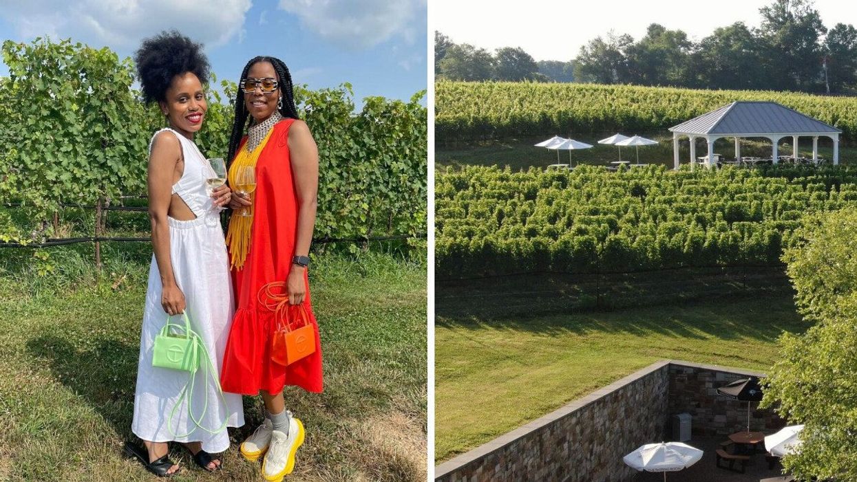 Two women holding a glass of wine. Rght: A Middleburg winery.