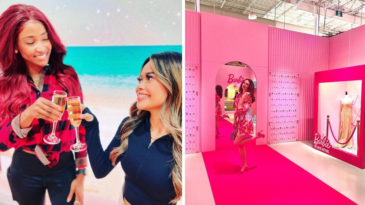 Two women holding champagne. Right: Madeline at World of Barbie.