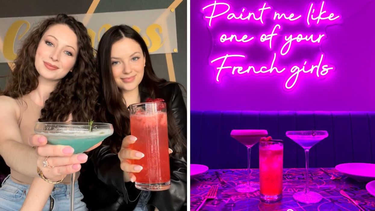 Two women holding cocktails. Right: Cocktails beneath a neon sign.