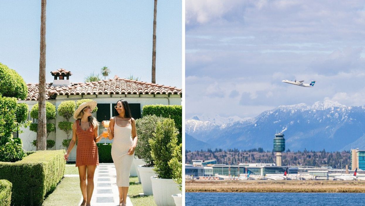 Two women holding drinks and smiling at each other with trees behind them. A plane taking off from an airport with the mountains in the background.