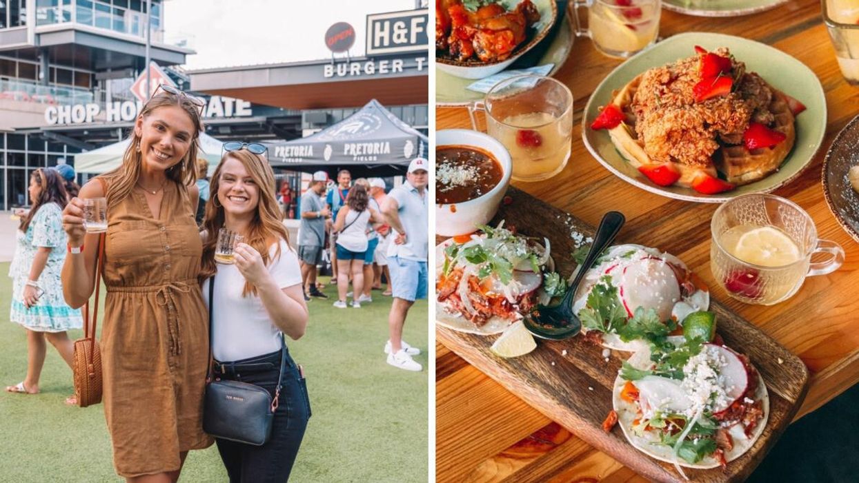 Two women holding drinks outdoors. Right: A spread of food from Punch Bowl Social in Atlanta, GA.