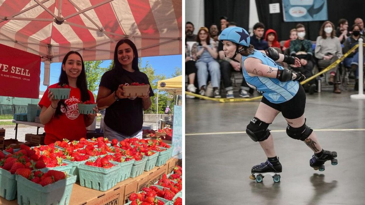 Two women holding up containers of strawberries with a table full of strawberries for sell in front of them at a market. Right: A woman in a blue and black roller derby outfit rollerskating at an event.