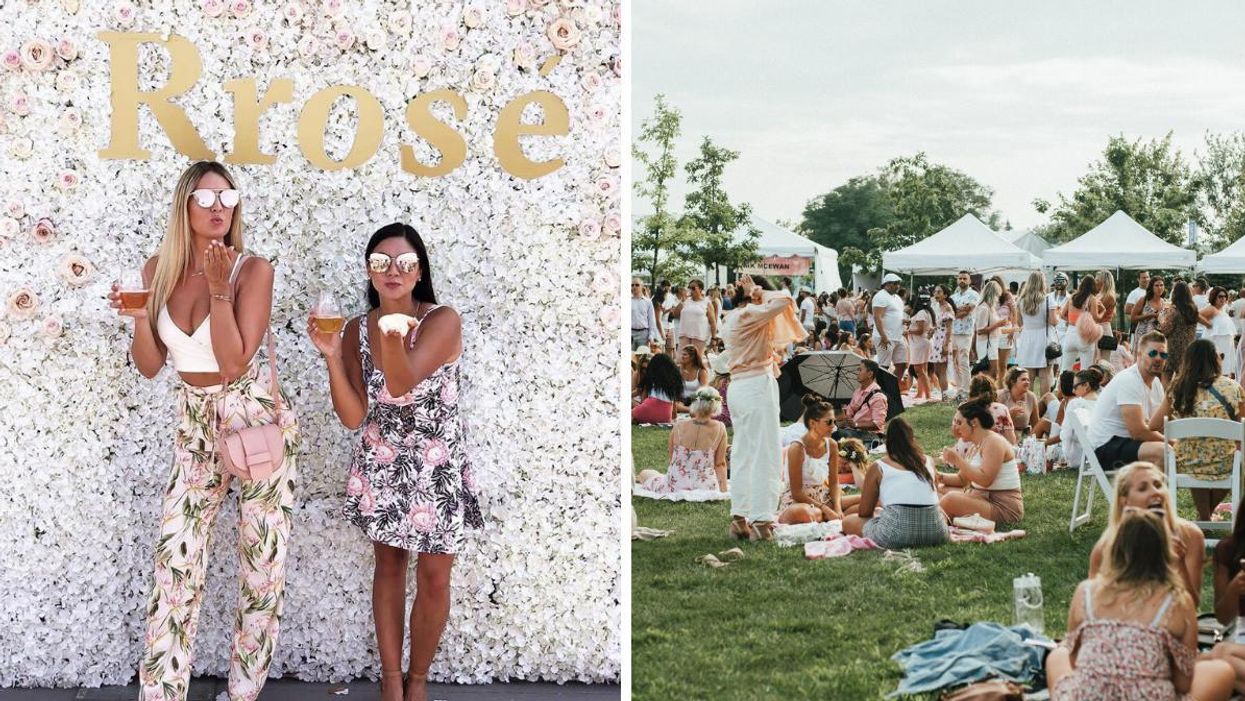 Two women holding wine by a floral backdrop. Right: The Rosé Picnic.