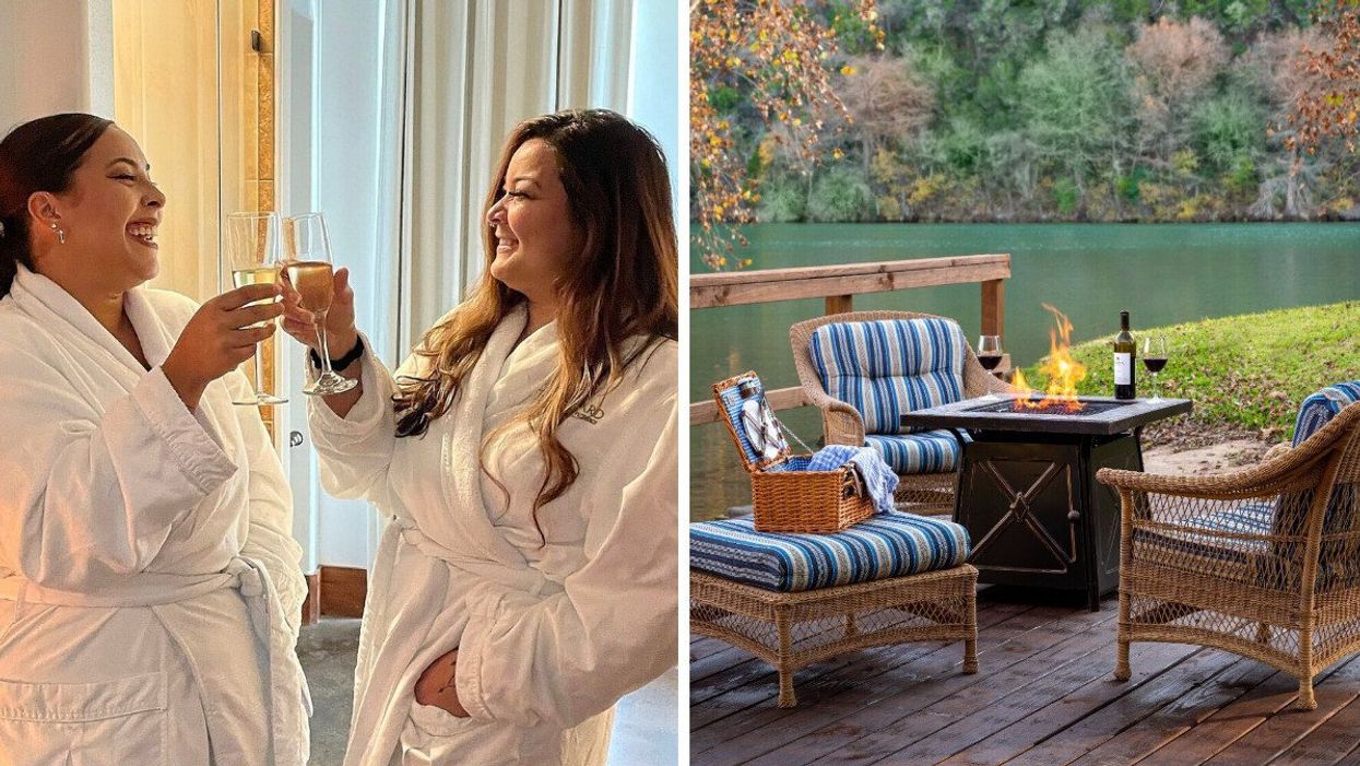 Two women holding wine glasses at The Vineyard at Florence. Right: A sitting area at Lake Austin Spa Resort.
