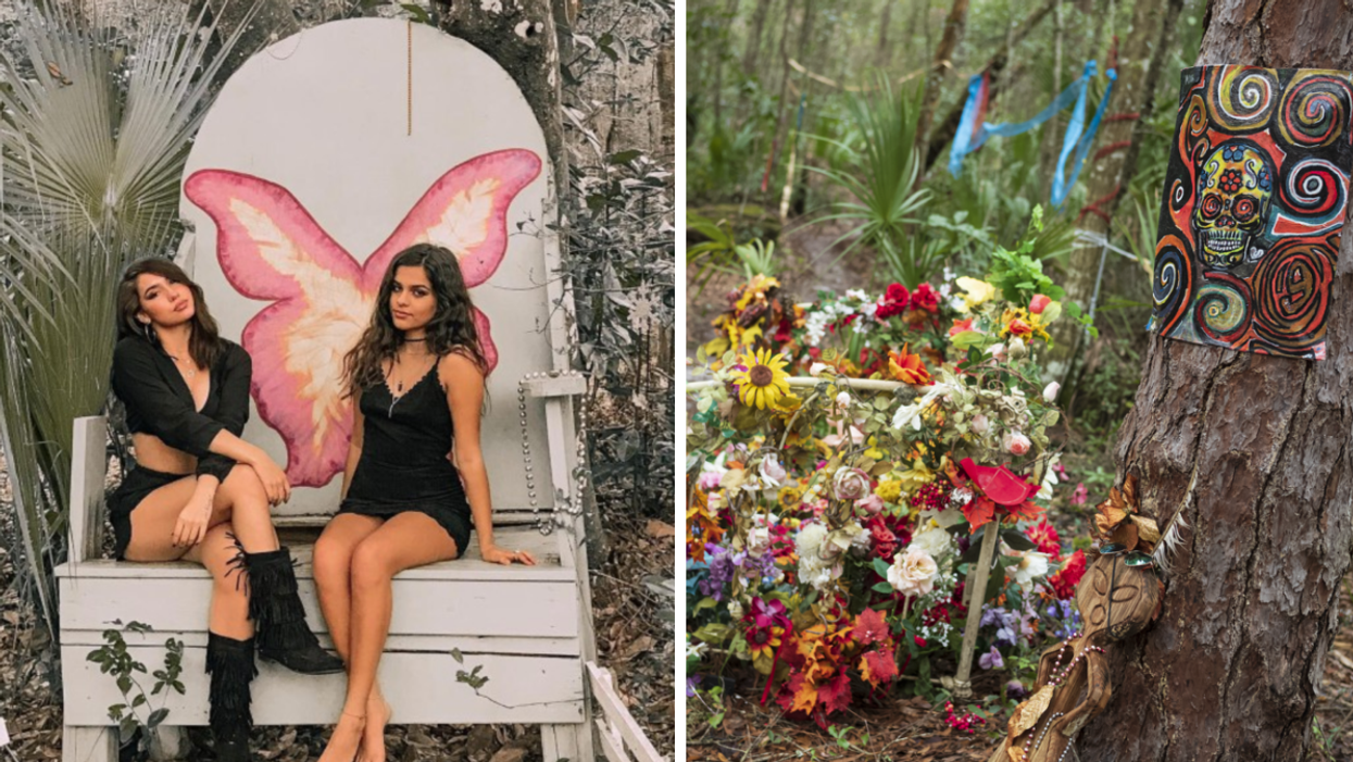 Two women on a chair with painted with wings. Right: The hidden hiking trail.