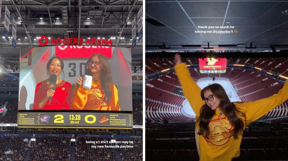 Two women on a jumbotron at Rogers Arena. Right: A woman wearing a yellow sweater throwing her hands in the air inside a hockey arena.