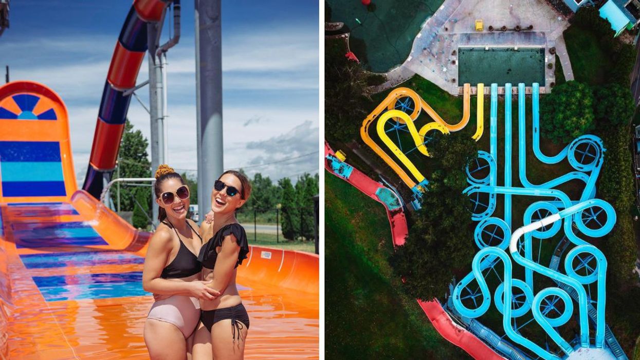 Two women on a waterslide. Right: Waterslides from above.
