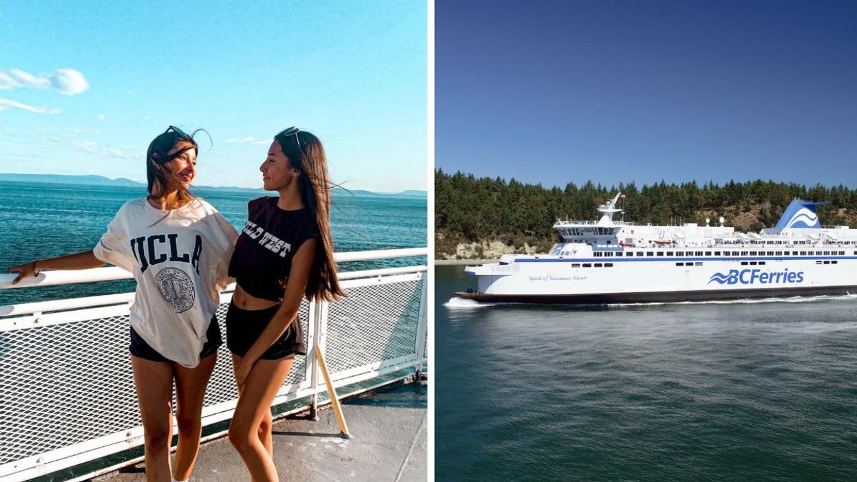 Two women on BC ferries. Right: BC ferries on a route.