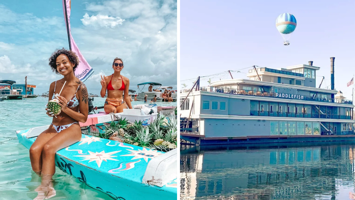 Two women on the Wild Destin boat at Crab Island. Right: Paddlefish Restaurant on the water in Orlando.