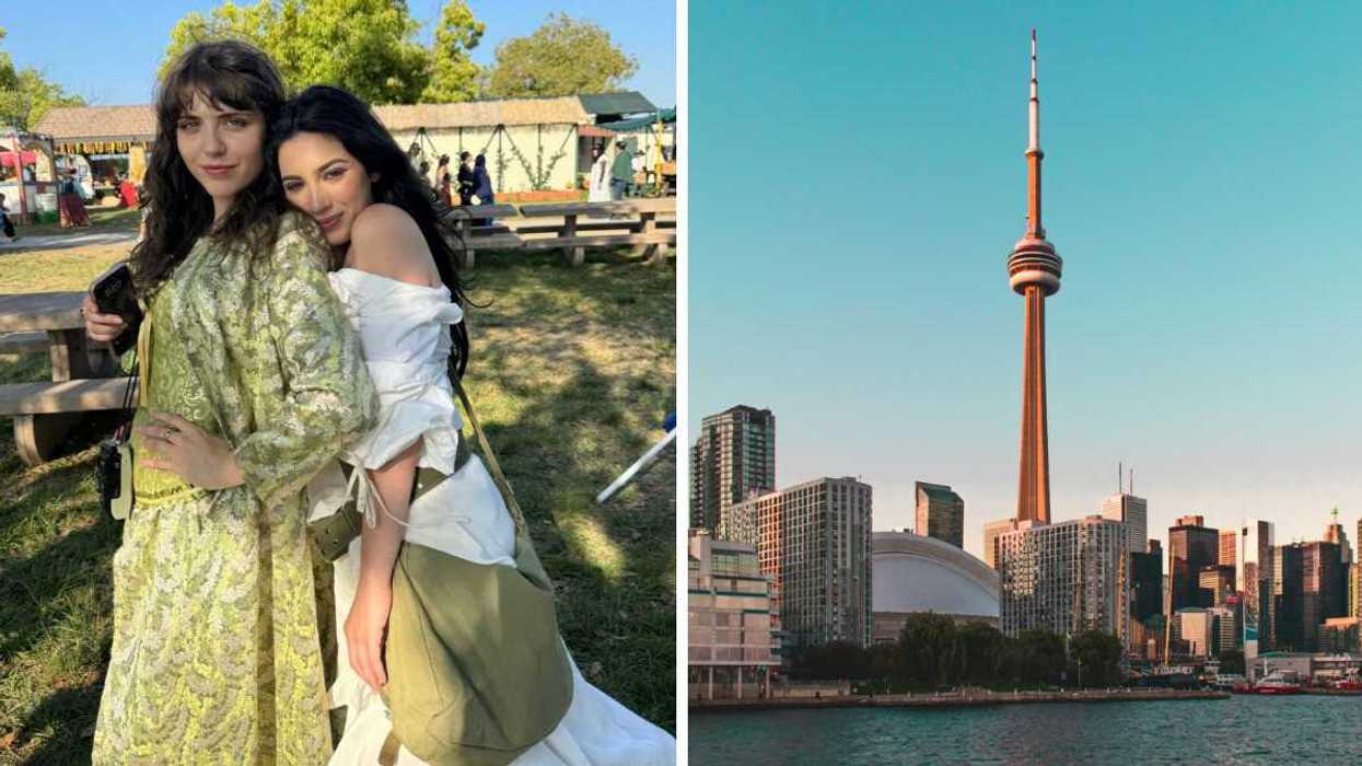 Two women posing together outdoors at a park. Right: the Toronto skyline with the CN Tower.
