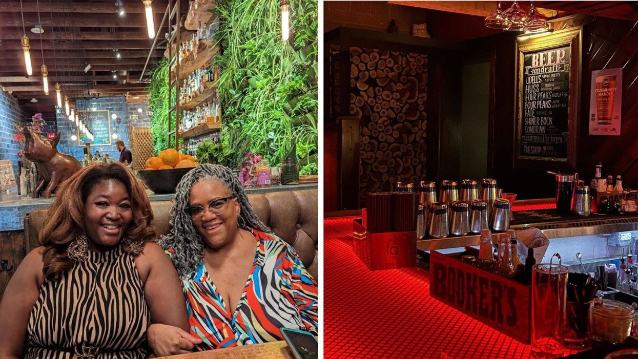 Two women sit in a booth with a bar and lots of greenery behind them. Right: Red-lit bar with a beer menu visible behind.