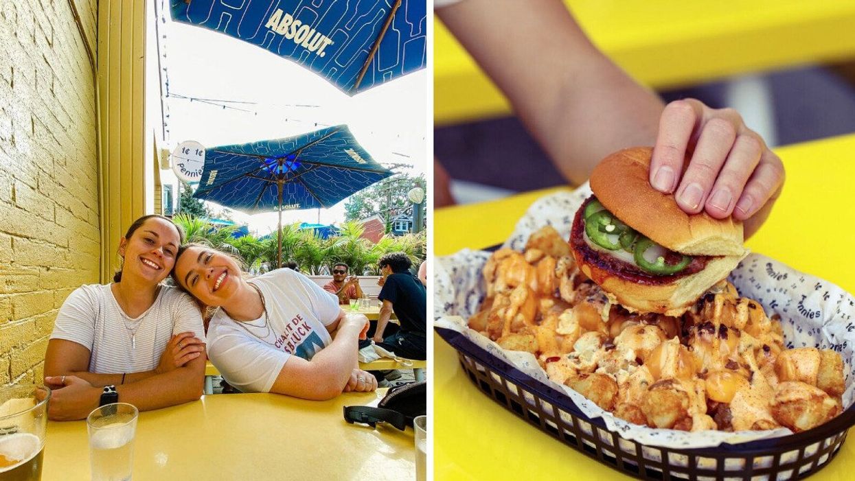 Two women sitting on a patio. Right: A hand holding a burger.
