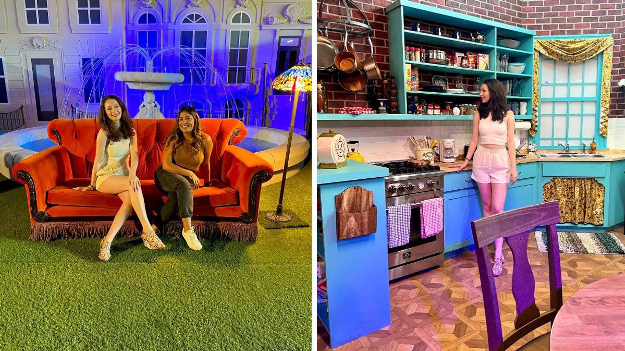 Two women sitting on a replica of the couch from 'Friends'. Right: Replica of Monica's apartment from 'Friends.'