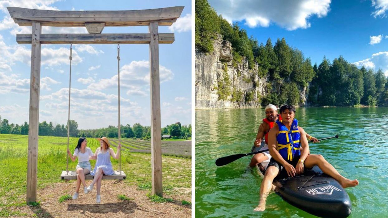 Two women sitting on a swing. Right: Two men sitting on a paddle board in the water.