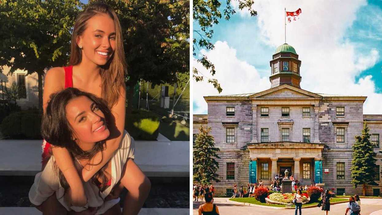 Two women smiling outdoors in the sunlight, one giving the other a piggyback ride. Right: McGill University Arts Building