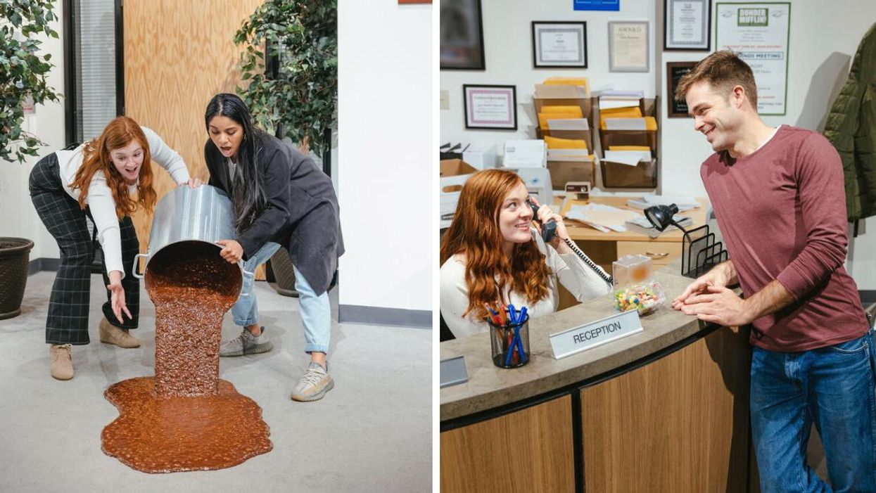 Two women spilling a pot of chili. Right: A man and woman at the reception desk from 'The Office.'