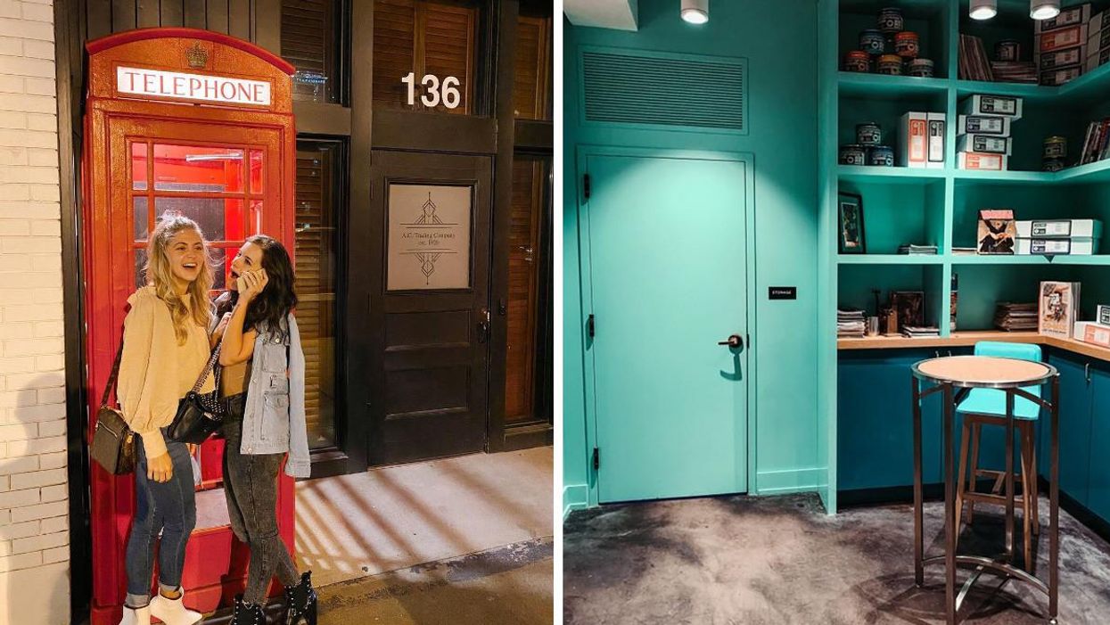 Two women stand outside a red phone booth. Right: A storage door leading to Hidden Bar.