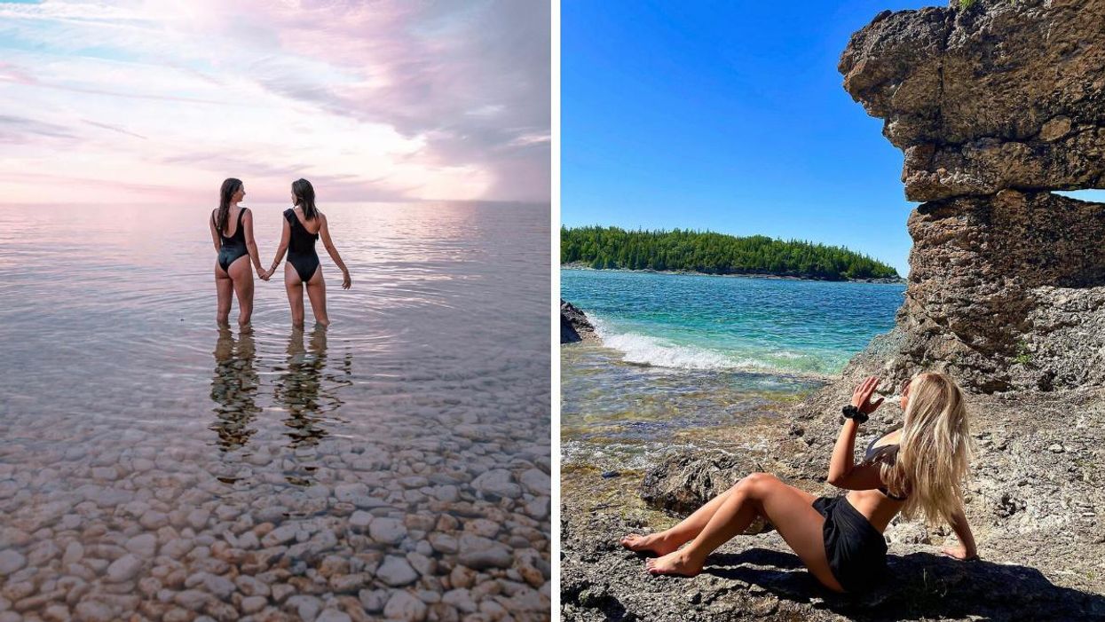 Two women standing in the water. Right: A woman sitting on a rock by the water.