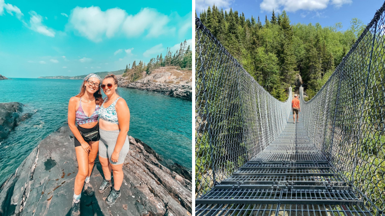 Two women standing on rocky shore. Right: Person walking down suspension bridge.