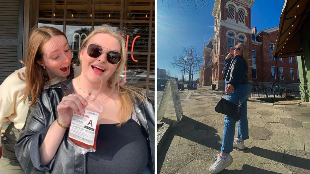 Two women with a fake blood bag outside of Mystic Grill. Right: A woman poses in 'Mystic Falls.'