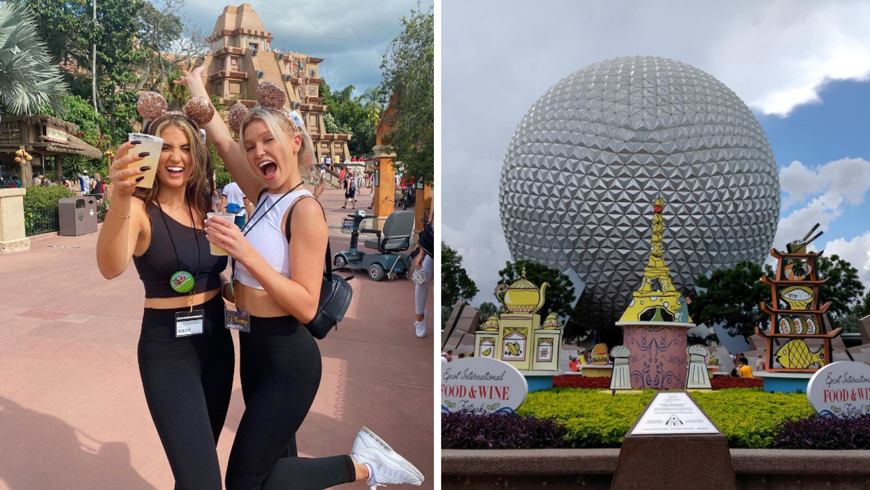 Two women with margaritas in hand at EPCOT. Right: EPCOT's Food & Wine Festival.
