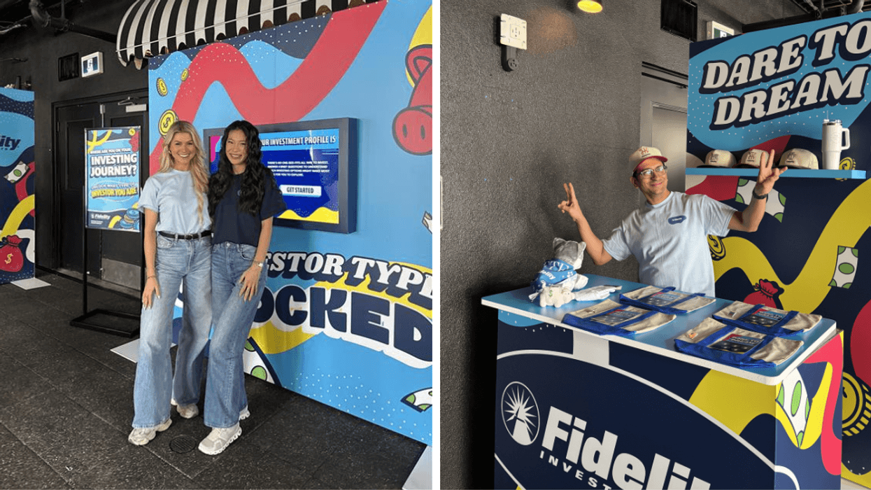 Two young people standing in front of an interactive display. Right: A youh person at a Fidelity Investment merch stand.