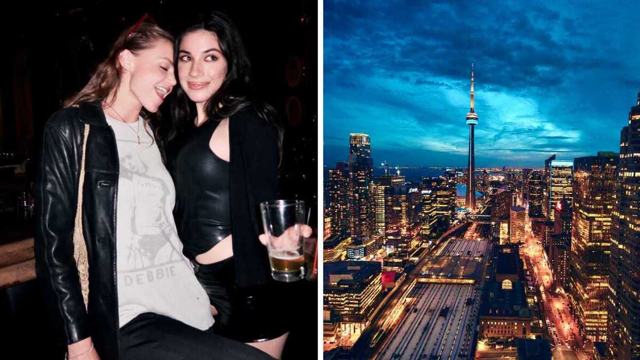 Two young women holding drinks at a bar. Right: Nighttime skyline view of Toronto with the CN Tower.